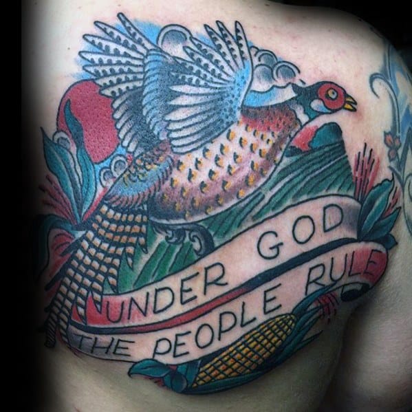Guys Pheasant Tattoo Design Ideas On Chest With Banner