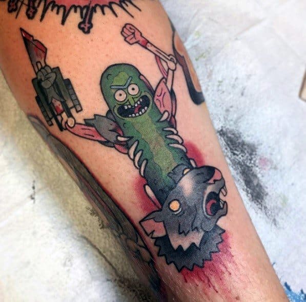 Guys Pickle Rick Tattoos.