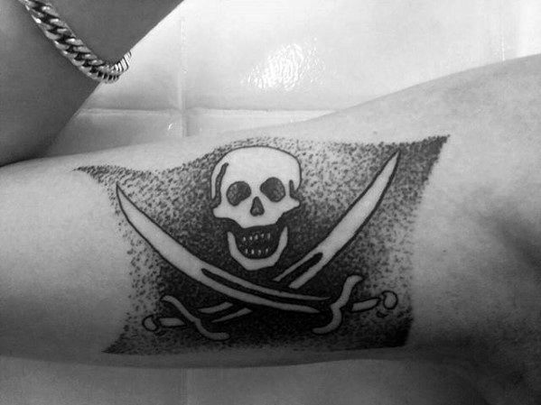 Guys Pirate Flag Dotwork Inner Arm Bicep Tattoos