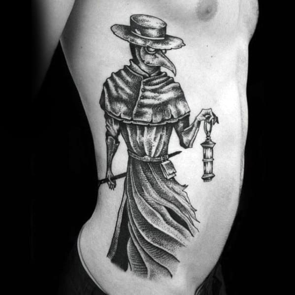 Guys Plague Doctor Tattoo On Rib Cage Side