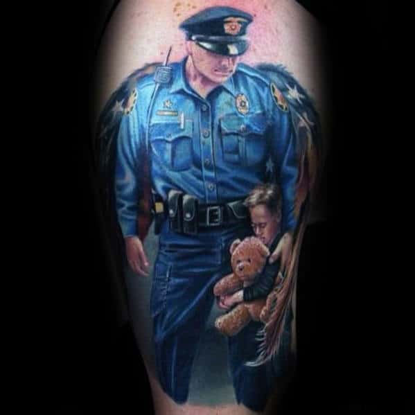 Guys Police Officer With Wings With Child Arm Tattoo