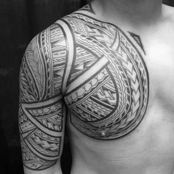 Guys Polynesian Black Ink Tribal Tattoo Designs On Chest
