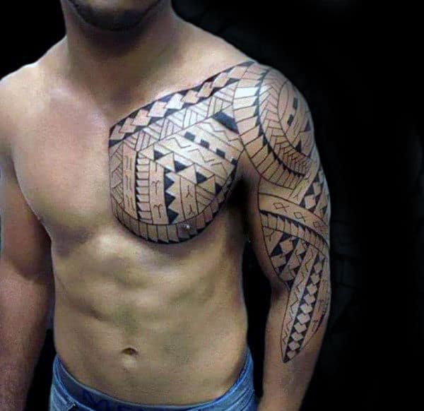 Guys Polynesian Chest Tribal Tattoo Inspiration
