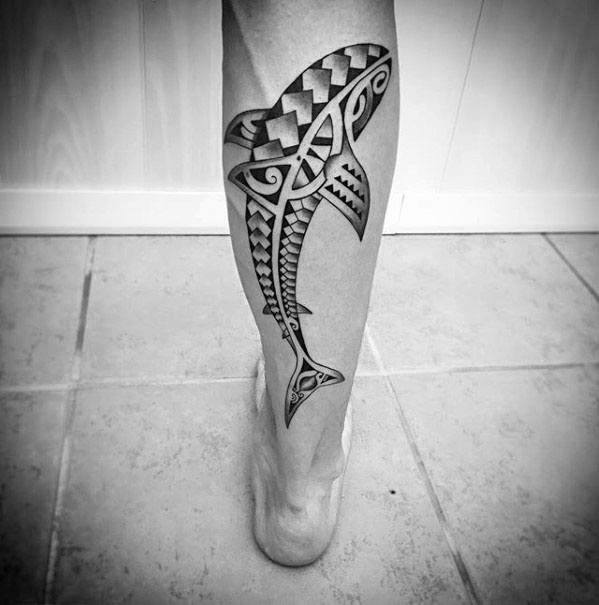 Guys Polynesian Shark Tribal Back Of Leg Tattoo Ideas