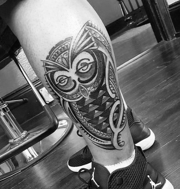 Guys Polynesian Tribal Owl Leg Tattoos