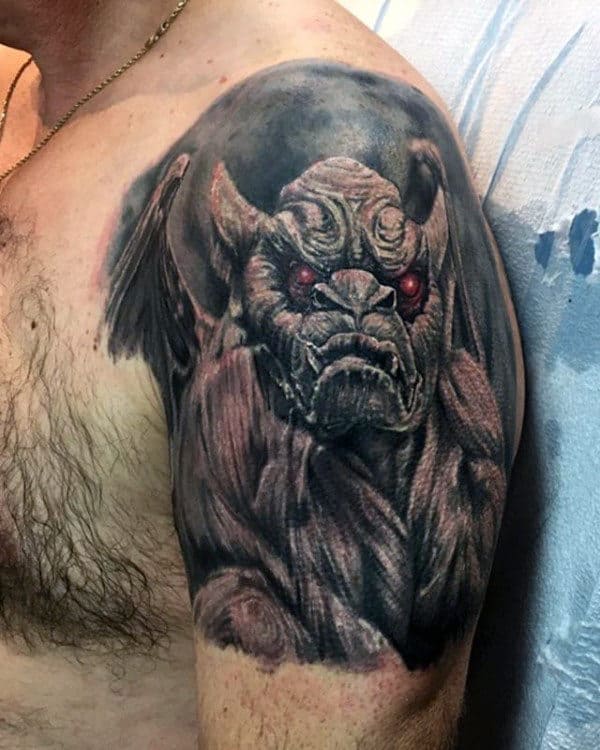 Guys Quater Sleeve Red Eyed Gargoyle Tattoo Design