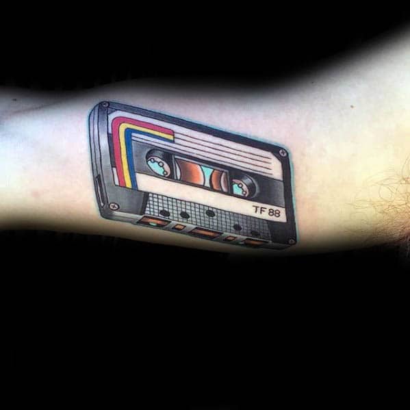Tattoo tagged with: small, cassette, black, tiny, thigh, little, blackwork,  medium size, illustrative, pablotorre, music, sketch work | inked-app.com