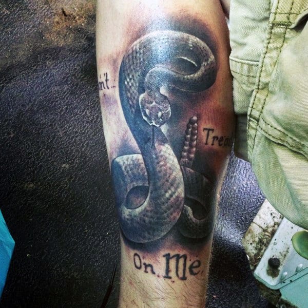 Guys Rattlesnake And Dont Tread On Me Text Calf Tattoo Shaded