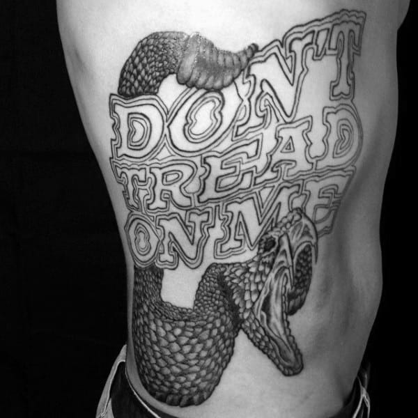 Guys Rattlesnake And Dont Tread On Me Text Side Piece In Black Ink Tattoo