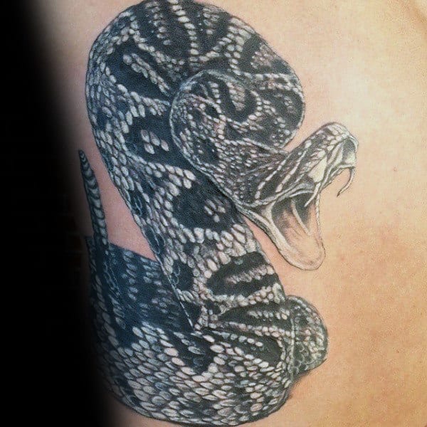 Guys Rattlesnake Fangs Tattoo On Rib Cage Side