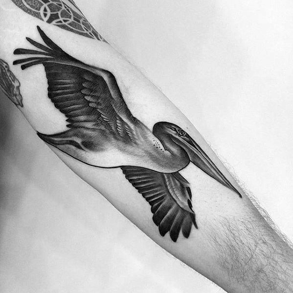 Guys Realistic 3d Shaded Pelican Tattoos Inner Forearm