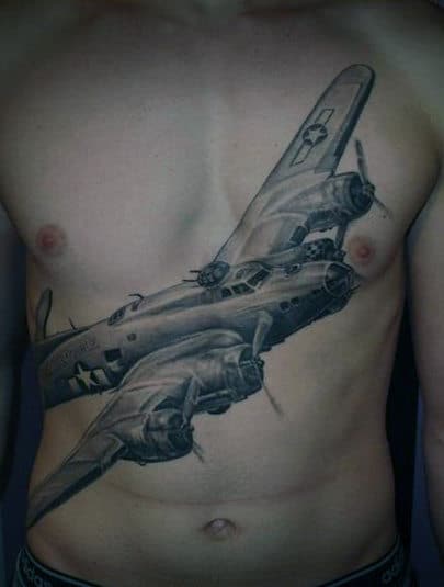 Guys Realistic Air Force Plane Tattoo On Chest