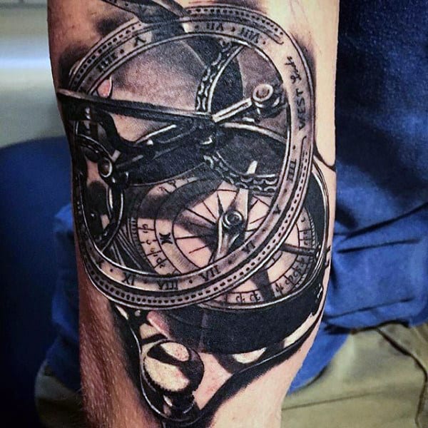 Guys Realistic Black And White Metallic Compass Tattoo