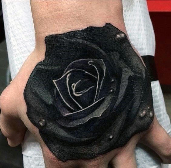Guys Realistic Black Rose Flower Hand Tattoo