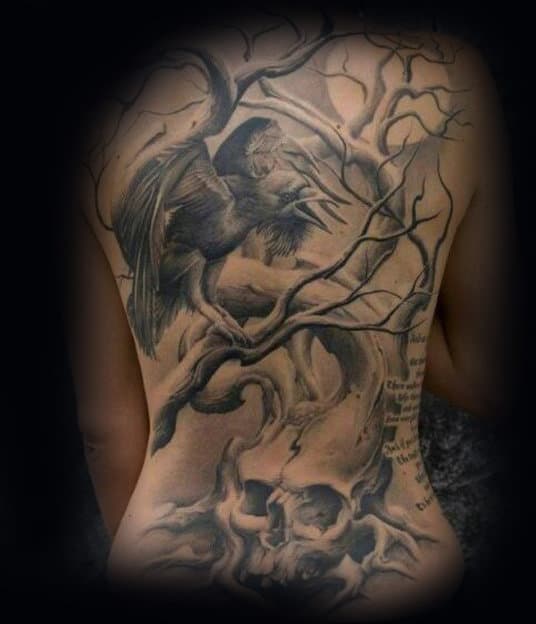 Guys Realistic Crow And Skull Tree Full Back Tattoo