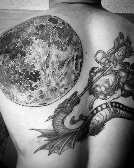 Guys Realistic Shaded Giant Moon Upper Back Tattoo