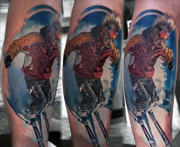 Guys Realistic Skiing Tattoos On Back Of Leg