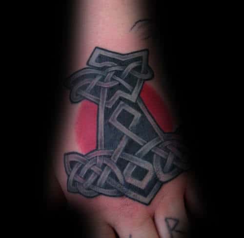 Guys Red And Black Ink Mjolnir Hand Tattoo Designs