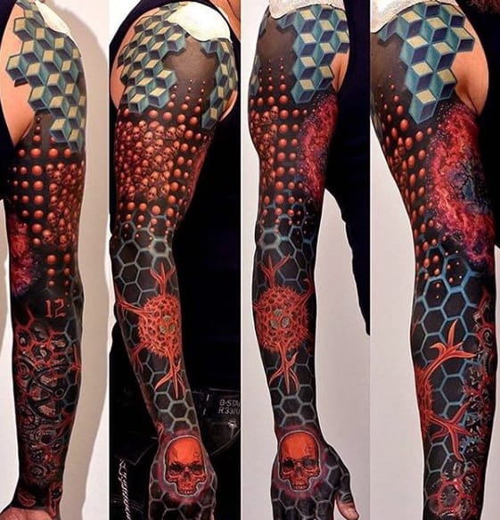 Guys Red And Blue Ink Geometric 3d Sleeve Tattoo