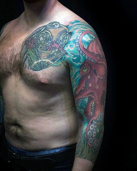 Guys Red Octopus With Diver Helmet Sleeve Tattoo Designs