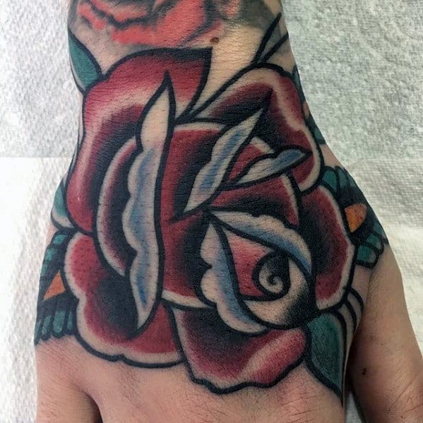 Guys Red Retro Traditional Rose Flower Tattoo On Hand