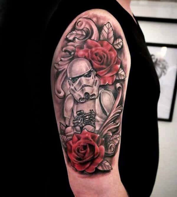 Guys Red Rose Flower Stormtrooper Half Sleeve Tattoos