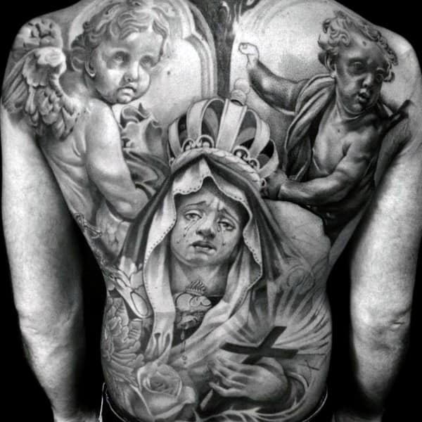 Guys Religious Chicano Virgin Mary With Angels Full Back Tattoo