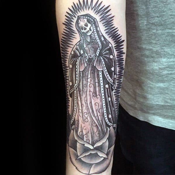 Virgin Mary half skull face tattoo evil vs good black and grey tattoo   Black and grey tattoos Skull face tattoo Half skull face