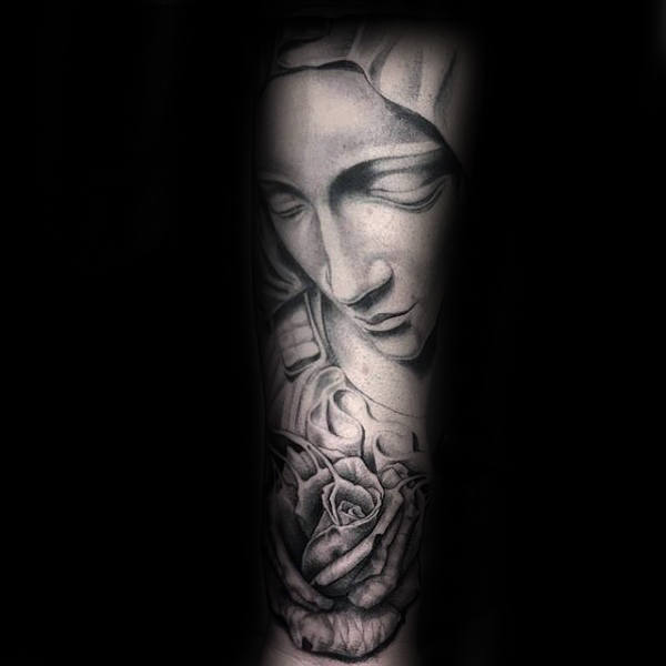 Guys Religious Virgin Mary Rose Flower Tattoo On Forearm