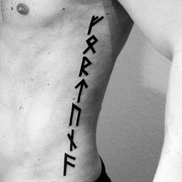 Guys Rib Cage Side Black Ink Rune Lettering Tattoos