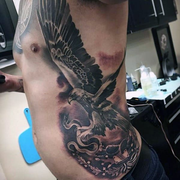Guys Rib Cage Side Tattoo Design Of Mexican Eagle