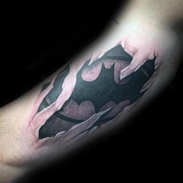 Guys Ripped Skin Batman Symbol Bicep Tattoos