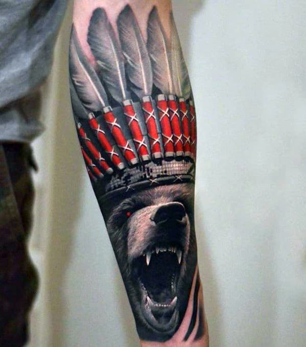 Guys Roaring Bear With Native American Feather Head Hyper Realistic Forearm Tattoo