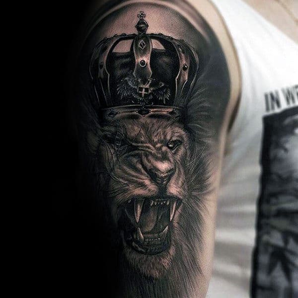 Guys Roaring Lion With Crown Half Sleeve Tattoo Ideas