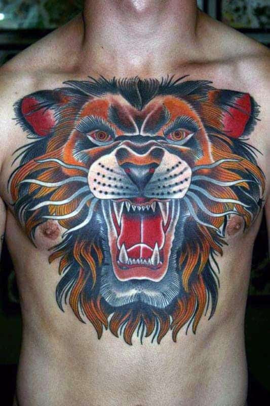 guys-roaring-traditional-lion-upper-chest-tattoos