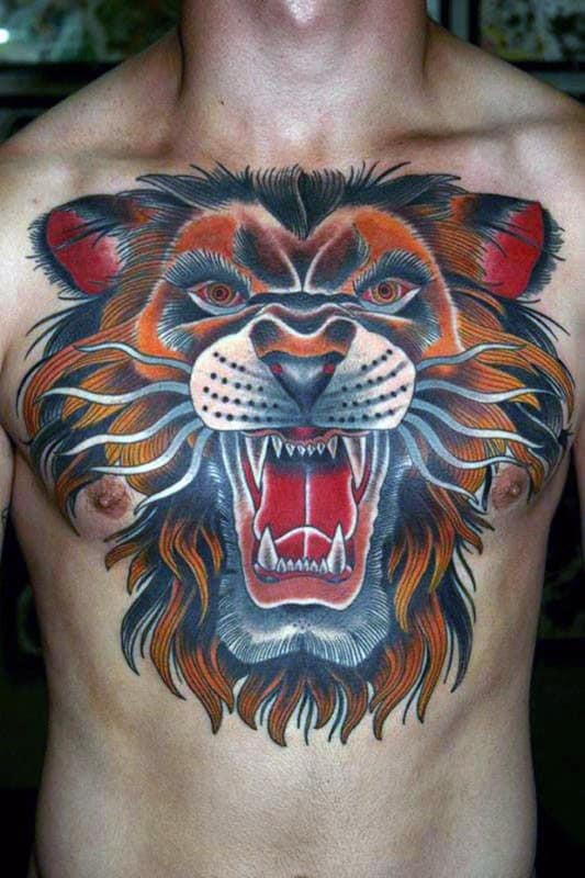 Guys Roaring Traditional Lion Upper Chest Tattoos