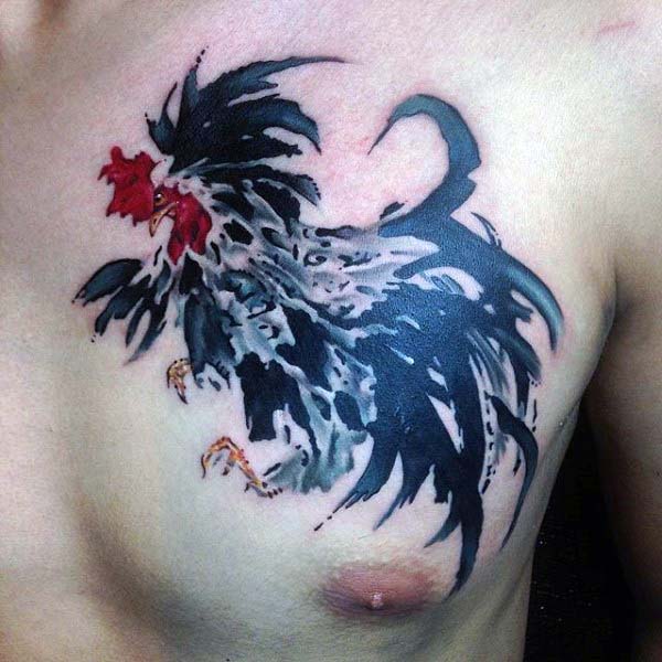 Guys Rooster Tattoo Abstract Style On Chest With Ink Drop Effect