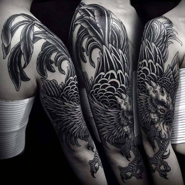 Guys Rooster Tattoo Dramatic Black Ink Forearm Piece