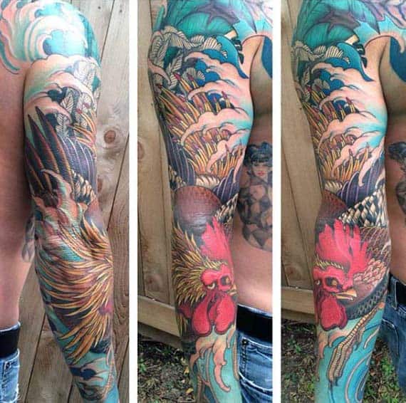 Guys Rooster Tattoo Full Sleeve With Bright Color