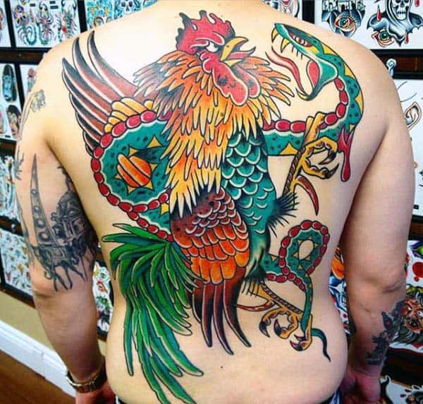 Guys Rooster Tattoo In Neo Traditional Style Full Back Piece With Snake