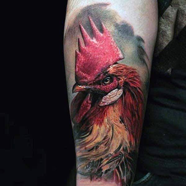 Guys Rooster Tattoo In Realistic Style And Bright Color Forarm Work