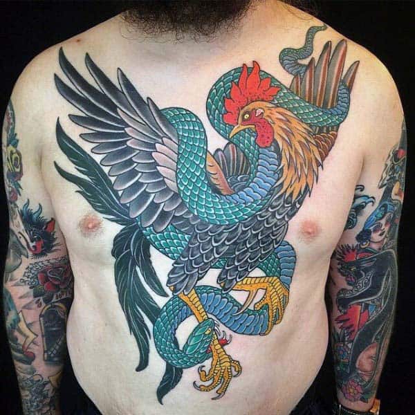 Guys Rooster Tattoo In Traditional Style Chest Piece With Bright Color