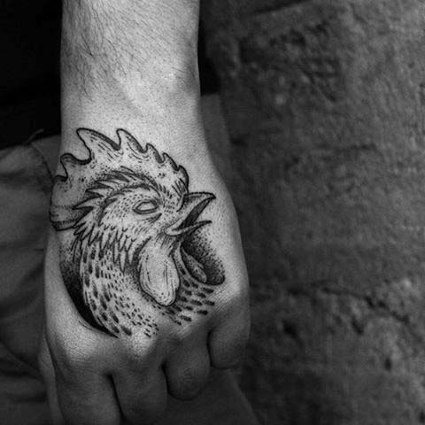 Guys Rooster Tattoo Line Work On Hand