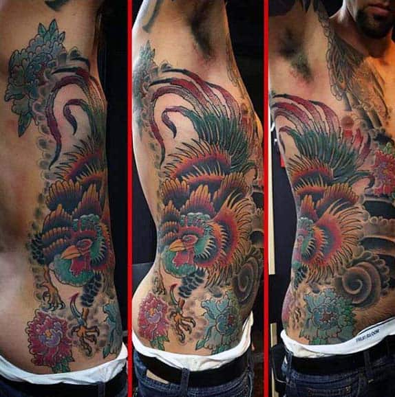 Guys Rooster Tattoo On Side With Bright Color