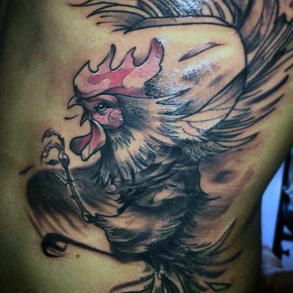 Guys Rooster Tattoo Stretched Wing Red And Black Ink Side Piece