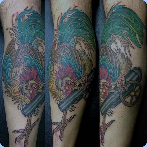 Guys Rooster Tattoo With Cannon Forearm