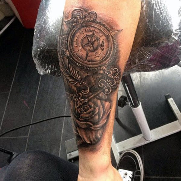 Guys Rose And Key Tattoo On Inner Forearm