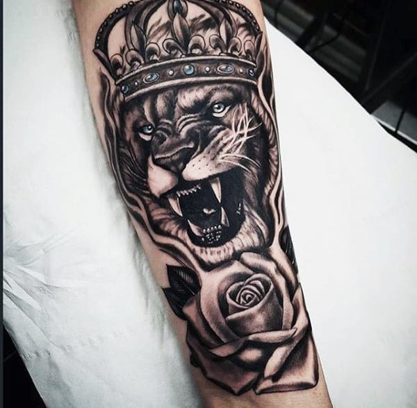 Guys Rose Flower And Lion With Crown Forearm Sleeve Tattoo