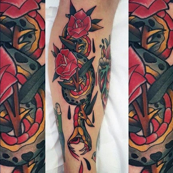 Guys Rose Flower Traditional Snake Leg Tattoo Designs