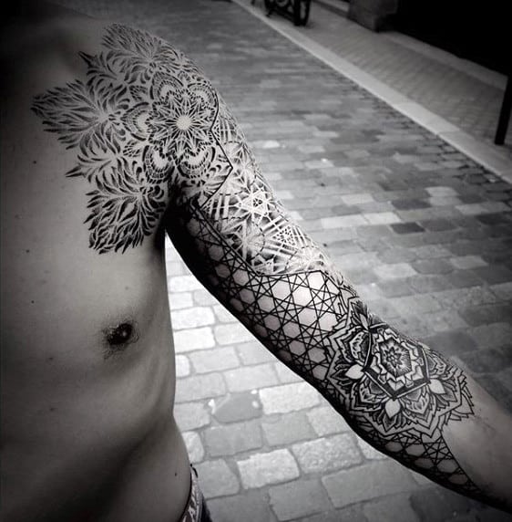 Guys Sacred Geometry Symmetry Sleeve Tattoo
